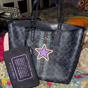 Coach Navy Reversible City Tote with Purple Star Accent